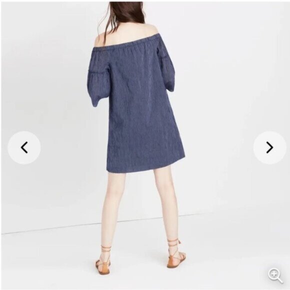 Madewell Women’s Navy Blue Pinstripe Off the Shoulder Bell Sleeve Dress Size 14 - Picture 5 of 8
